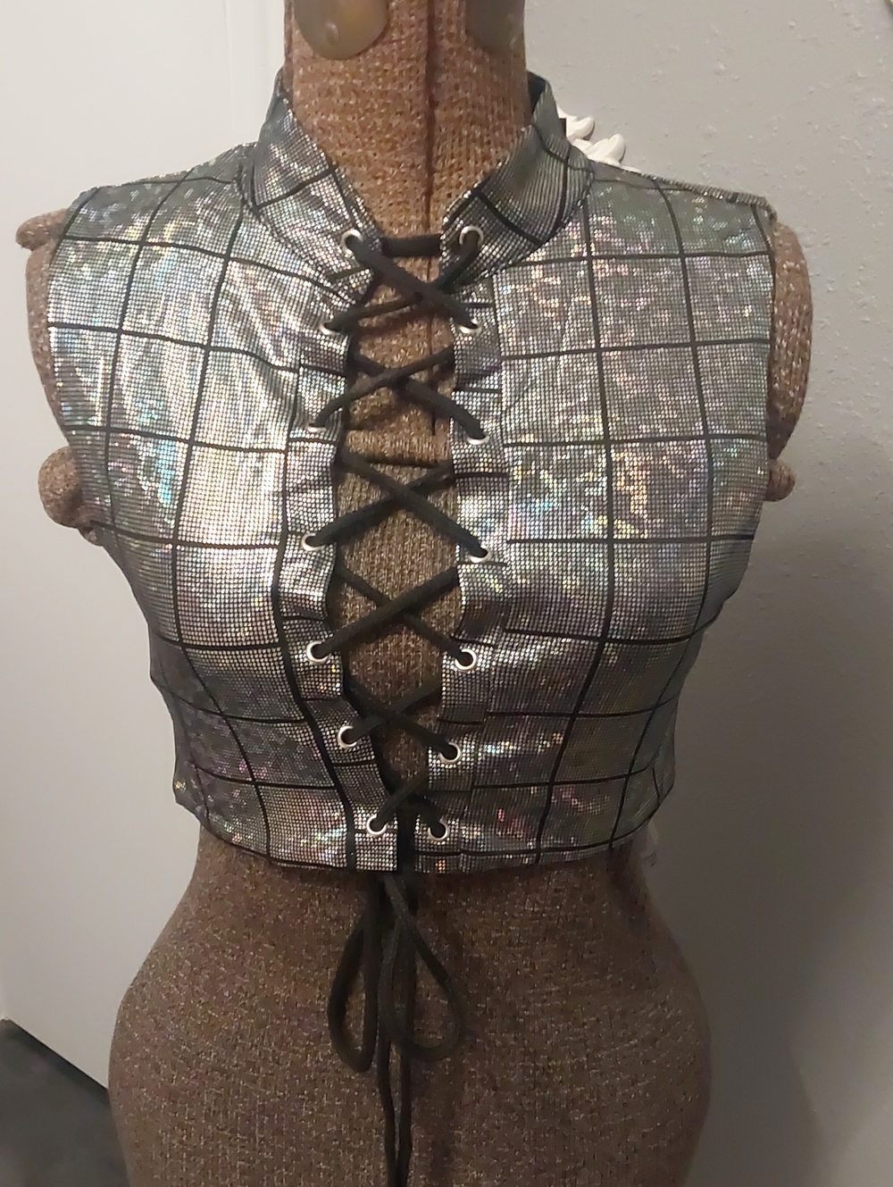 Iridescent Silver Lace-Up Cropped Tank Top